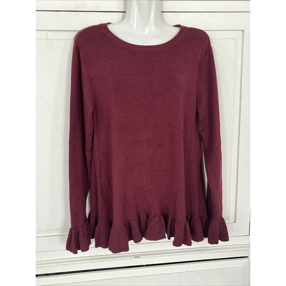DG2 Diane Gilman Sweater Maroon Ruffle Sleeve & Hem Burgundy Large - Picture 1 of 5